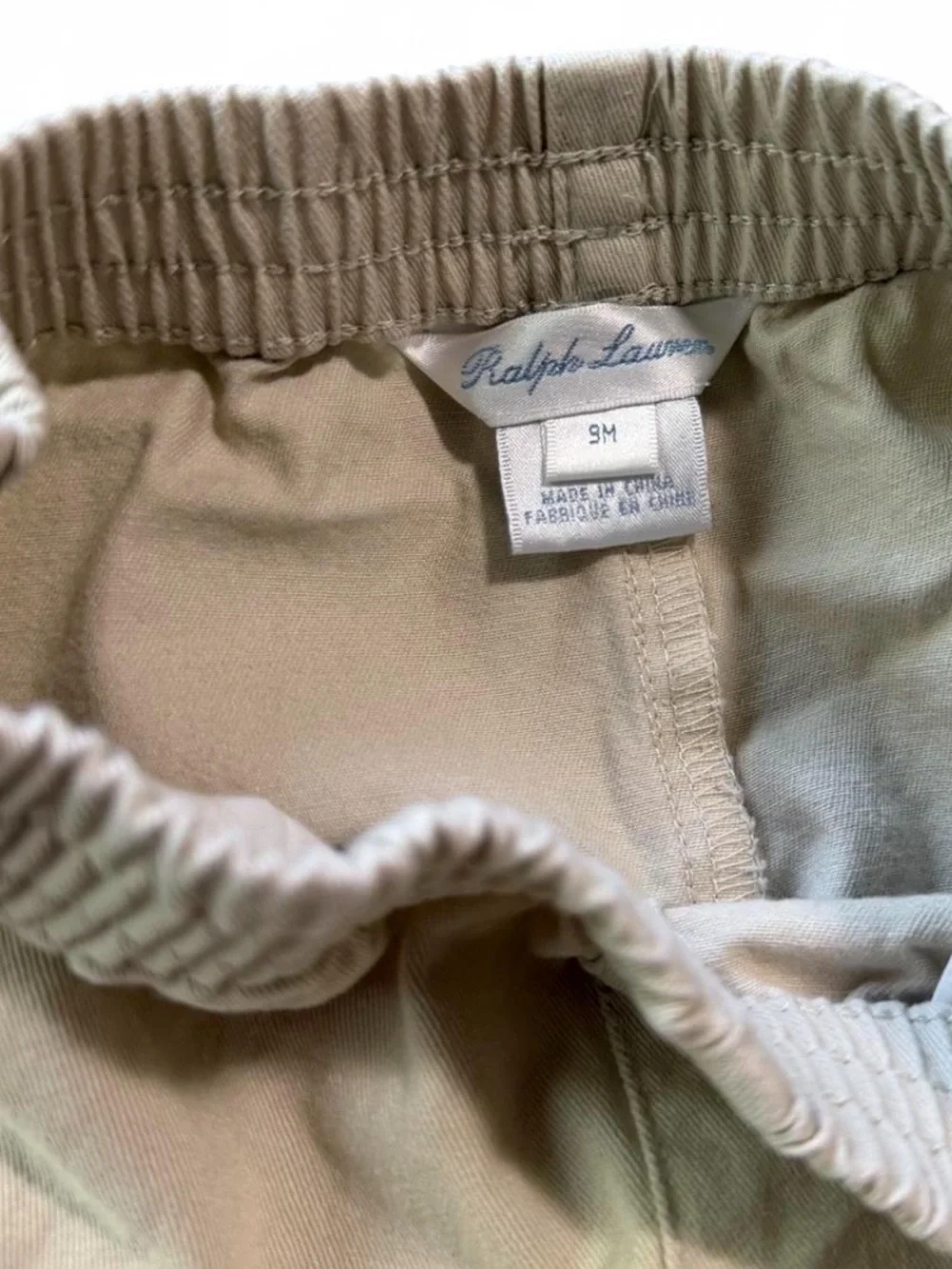 Ralph Lauren Baby Khaki Cotton Chino Shorts Navy Pony Size 9M Elastic Waist